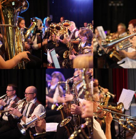 Kollage aus mehreren Bildern von Musikern des Blasorchesters